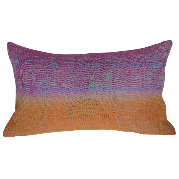 Vintage Kantha Lumbar Pillow Cover | Purple Orange Boho Pillow | Indian Patchwork Cushion | Handmade Kantha Throw Pillow | 12x20