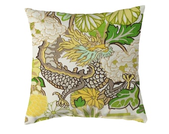 Schumacher Chiang Mai Dragon Citrus Pillow Cover with Solid Linen Backing