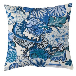 Schumacher Chiang Mai Dragon Pillow Cover: China Blue Linen Decorative Pillow