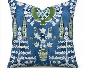 Thibaut Mendoza Suzani Pillow Cover | Blue Green Designer Throw Pillow | Cotton Linen Accent Cushion | Chinoiserie Decor | Luxury Decor