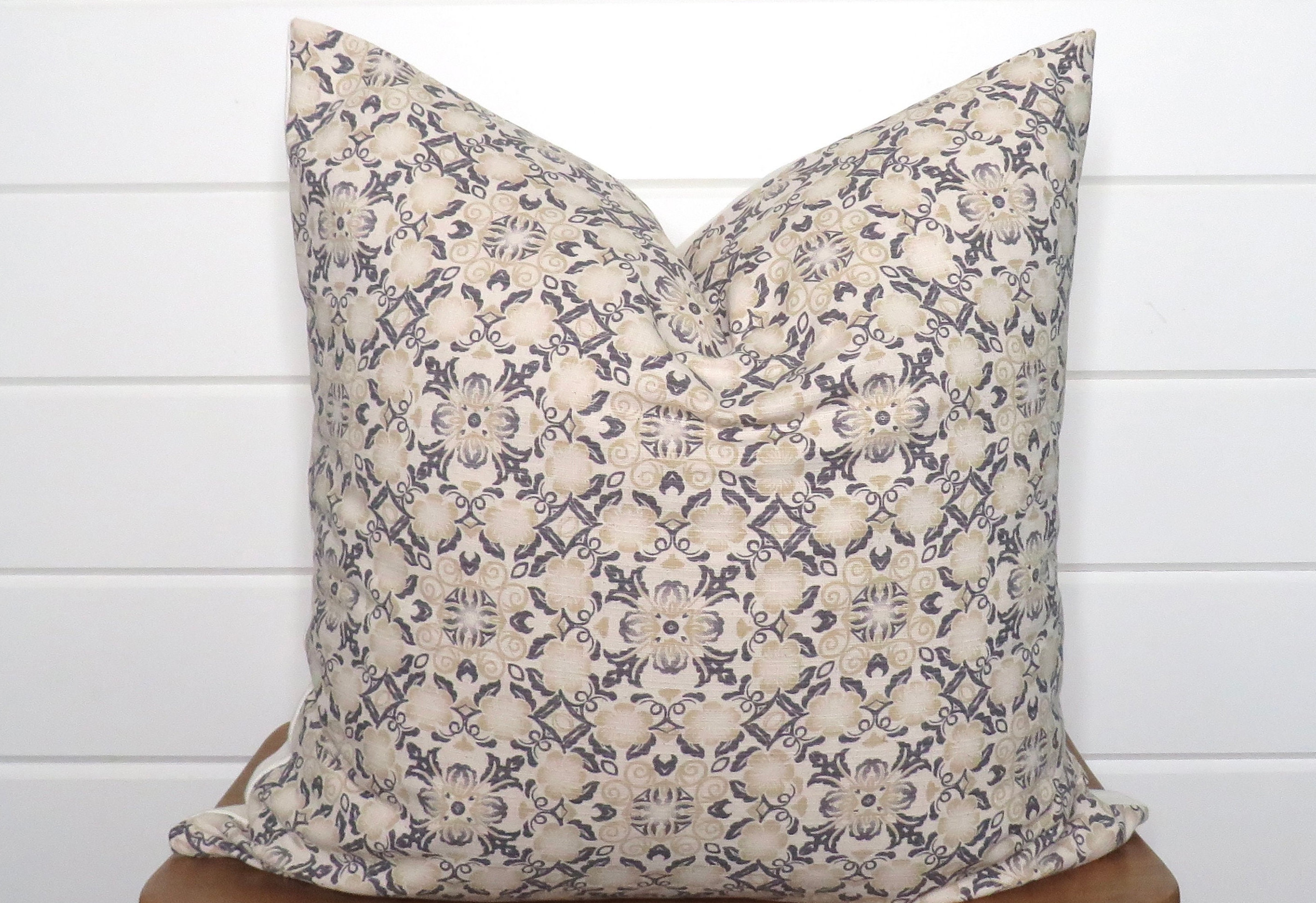 Chiang Mai Pillow Cover: Grey Cream Floral Cotton, Ivory Linen Back
