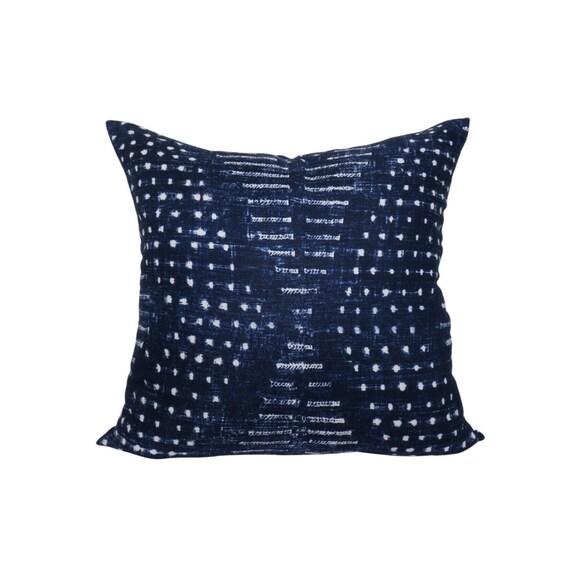 Thibaut Mali Pillow Cover: Navy Batik Print, Ivory Linen Back
