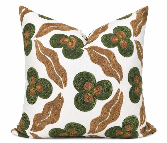 St. Frank Ginger Chintamani Pillow Cover, Embroidered Floral Throw Pillow, Green Brown Designer Accent Cushion, Luxury Linen Pillow