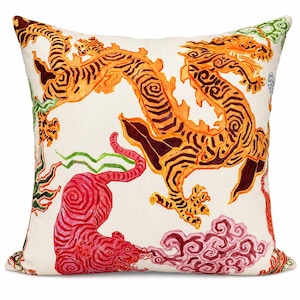 Chinoiserie Dragon Pillow Cover, Tiger Linen Throw Pillow, Asian Dragon Decor, Foo Dog Cushion, Blue White Maximalist Decor