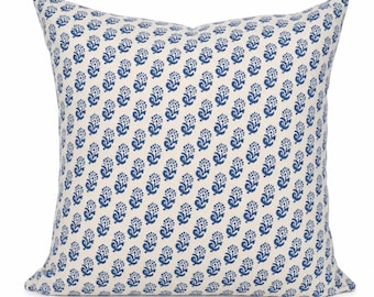 Lisa Fine Rambagh Reverse Pillow Cover, Blue Floral Linen Throw Pillow, Indigo Designer Accent Cushion, Cottage Coastal Decor