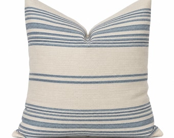 Schumacher Solana Stripe Pillow Cover | Blue & Ivory Outdoor Throw Pillow | Designer Cushion Cover | Indoor Outdoor Linen Accent Pillow