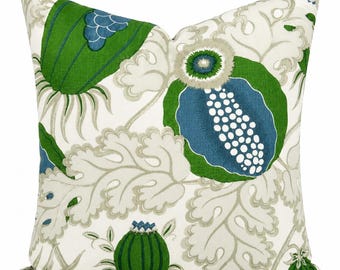 Christopher Farr Karneval-Kissenbezug | Designer-Leinenkissen mit Wellensittichmotiv | Grün-Blaues botanisches Dekor