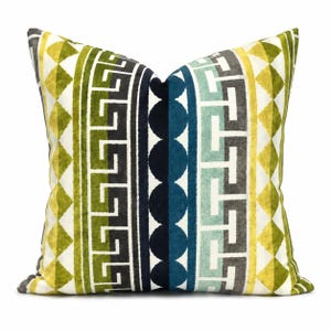 Jonathan Adler Seuret Pillow Cover | Blue Green Velvet Designer Pillow | Geometric Accent Pillow | Luxury Home Decor