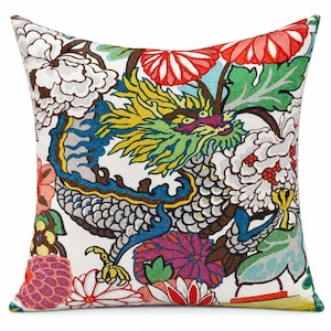 Schumacher Chiang Mai Dragon Pillow Cover | Alabaster Chinoiserie Linen Throw Pillow | Designer Dragon Accent Cushion | Ivory Linen Back
