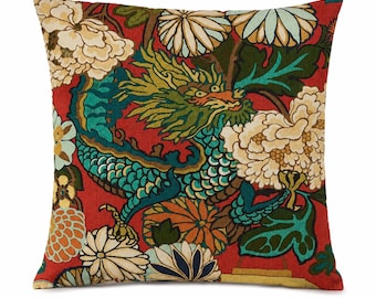 Schumacher Chiang Mai Drachen-Kissenbezug | Designer-Dekokissen aus rotem Lackleinen | Dekorativer Kissenbezug im Chinoiserie-Stil