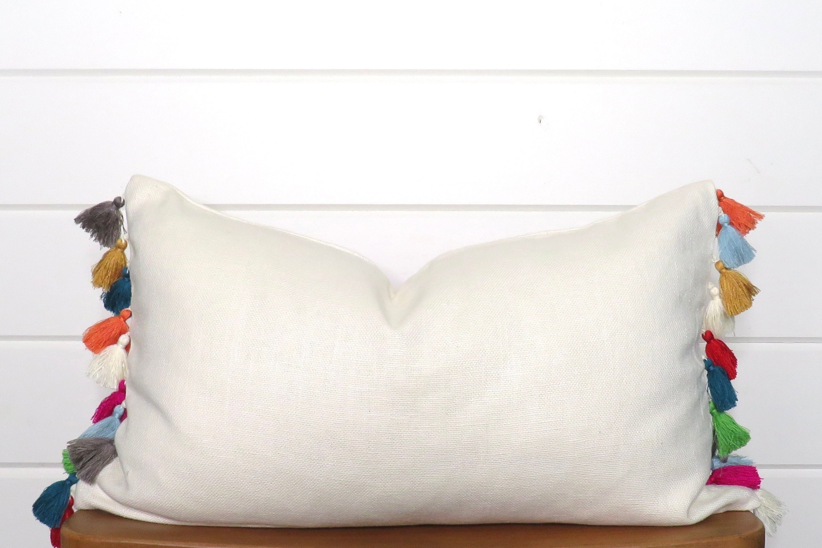 Linen and Tassels Pillow Cover Multi Colored Tassels Throw Pillow Lumbar Sizes Available