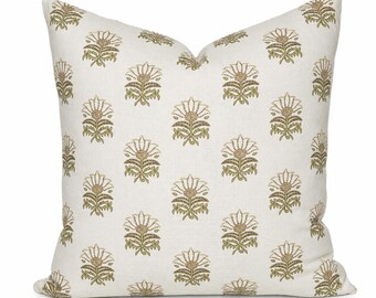 Funda de almohada floral verde / Cojín decorativo de lino de lujo / Decoración estilo casa de campo inglesa / Cojín decorativo botánico / Funda de almohada de doble cara