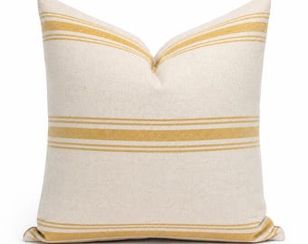 Yellow Grain Sack Pillow Cover | Farmhouse Stripe Pillow | Ivory Cotton Cushion Cover | French Country Decor | Cottage Throw Pillow