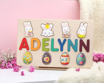 Easter Gifts Kids, Easter Gifts for Toddlers, Wood Toddler Toys, Easter Gift For Baby Girl, Wooden Name Puzzle For Girls, Easter Bunny Gift