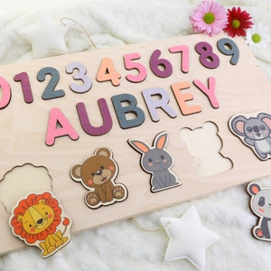 Personalized Name Puzzle with Animals | Baby, Toddler, Kids Toys | Wooden Toys | Baby Shower | Christmas Gifts | First Birthday Girl and Boy