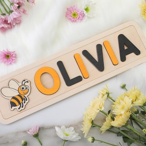Bee Wooden Name Puzzle by Woodpecker Puzzle | Toddler Toys | Baby Gifts | Gift for Kid | Christmas Present | Easter Gift | 1st Birthday Gift