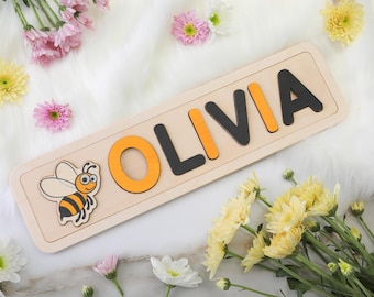 Bee Wooden Name Puzzle by Woodpecker Puzzle | Toddler Toys | Baby Gifts | Gift for Kid | Christmas Present | Easter Gift | 1st Birthday Gift