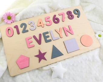 Name Puzzle With Shapes and Numbers, Montessori Toys, Wooden Name with Numbers, Baby Shower Gift, Personalized Baby Puzzle, Wooden Numbers