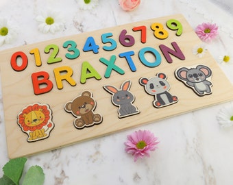 Personalized Name Puzzle with Animals and Numbers | Baby, Toddler, Kids Toys | Wooden Toys | Baby Shower | Christmas Gifts | First Birthday