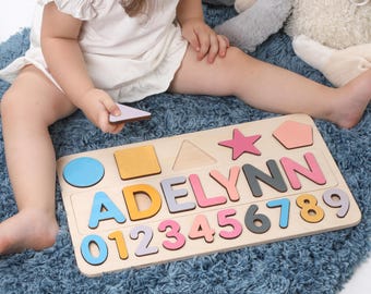 Rainbow Name Puzzle Baby Toys Montessori Toys Wooden Name with Numbers Baby Shower Gift Personalized Baby Puzzle