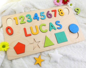 Rainbow Name Puzzle Baby Toys Montessori Toys Wooden Name with Numbers Baby Shower Gift Personalized Baby Puzzle