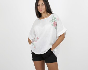 Cotton Embroidered Women's T-shirt, Oversize Linen T-Shirt, Flower Embroidery