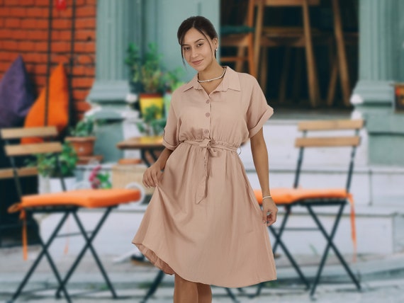 short skin color dress Powder Pink Shirtdress: Long Sleeve Oversized Light Dress