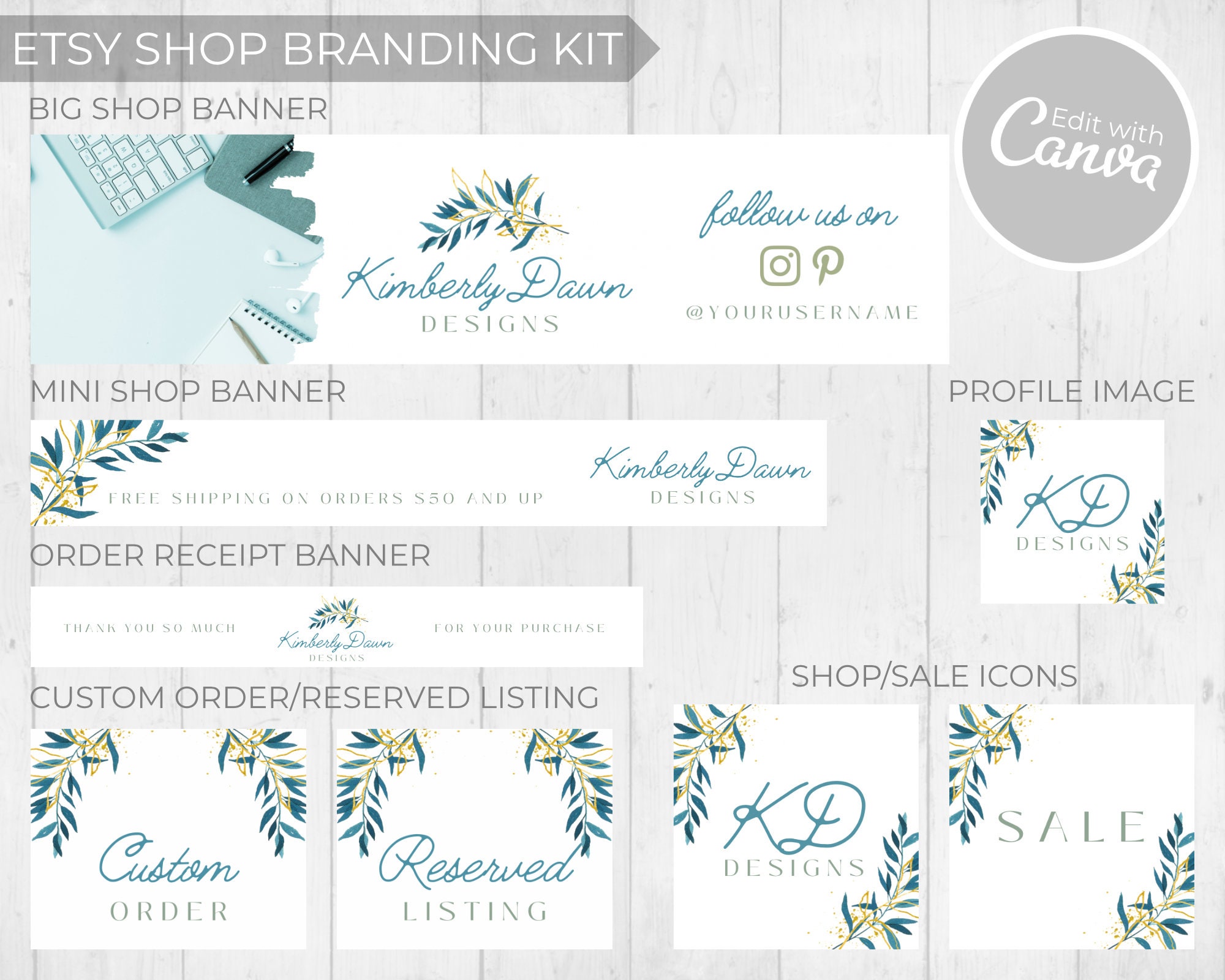 Etsy Shop Branding Kit Etsy Branding Kit Branding Kit Teal & Gold