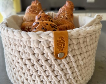 Crocheted kitchen basket, handmade storage, cotton cord basket, wooden base basket, bread basket, home decor, handmade kitchen decor