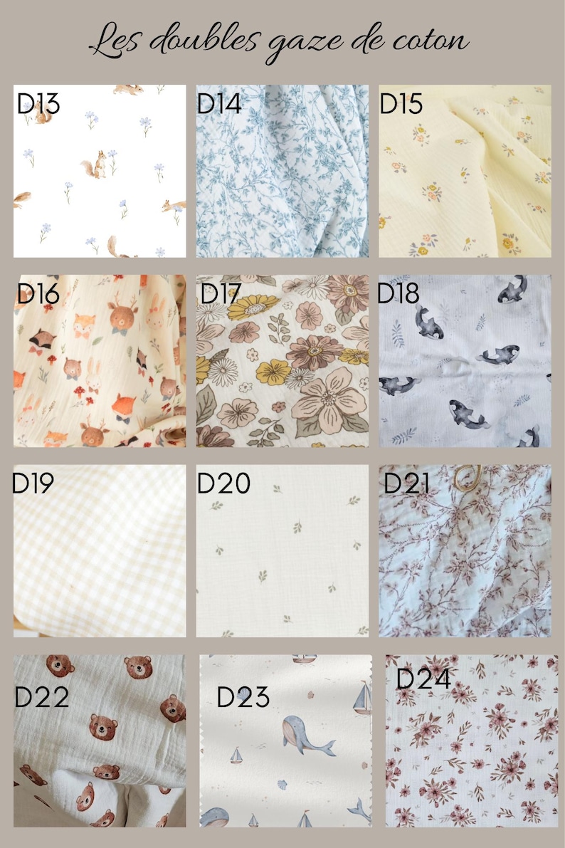 K&ouml;nnte beinhalten: Eine Sammlung von zw&ouml;lf Stoffmustern aus doppeltem Baumwollmull, beschriftet von D13 bis D24, mit verschiedenen Mustern wie Eichh&ouml;rnchen, blauen Blumen, gelben Bl&uuml;ten, Waldtieren, Vintage-Blumen, Orcas, Vichy-Karo und Walen.