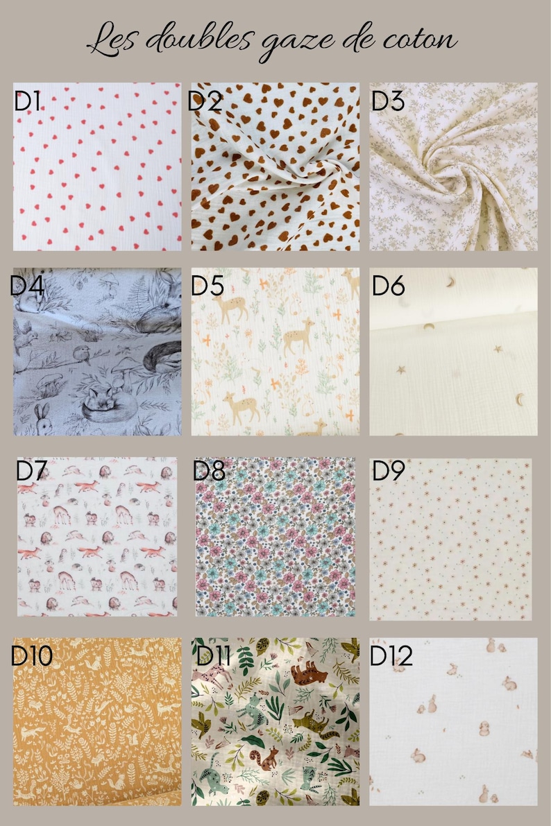 K&ouml;nnte beinhalten: Ein Raster aus zw&ouml;lf Stoffmustern aus Baumwoll-Doppelgaze, beschriftet von D1 bis D12, mit verschiedenen Mustern wie kleinen Herzen, Blumenprints, Waldtieren, Sternen, Monden und botanischen Motiven auf wei&szlig;en und farbigen Hintergr&uuml;nden.