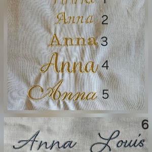 K&ouml;nnte beinhalten: Ein hellbeiger Stoff mit sechs gestickten Namensmustern. F&uuml;nf Zeilen zeigen den Namen Anna in goldfarbenem Garn mit verschiedenen Schriftarten, nummeriert von 1 bis 5. Eine sechste Zeile zeigt die Namen Anna Louis in dunkelgrauem Garn, markiert mit 6.