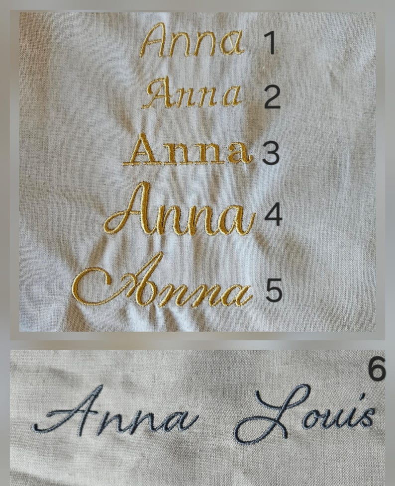 K&ouml;nnte beinhalten: Ein hellbeiger Stoff mit sechs gestickten Namensmustern. F&uuml;nf Zeilen zeigen den Namen Anna in goldfarbenem Garn mit verschiedenen Schriftarten, nummeriert von 1 bis 5. Eine sechste Zeile zeigt die Namen Anna Louis in dunkelgrauem Garn, markiert mit 6.