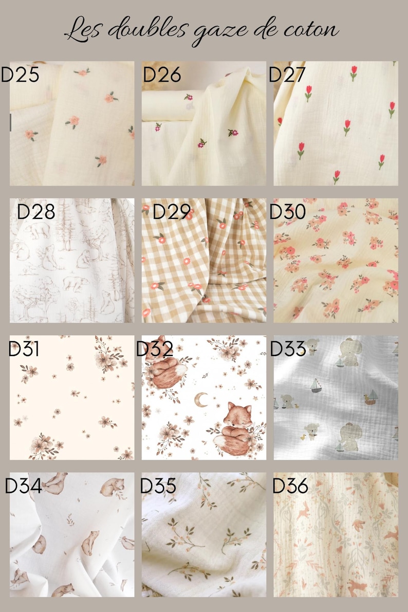 K&ouml;nnte beinhalten: Ein Raster aus zw&ouml;lf Stoffmustern aus doppeltem Baumwollmusselin, beschriftet von D25 bis D36. Die Muster umfassen kleine Blumenprints, Vichy-Karos, Waldtiere, F&uuml;chse, B&auml;ren, Segelboote und botanische Motive in verschiedenen weichen, neutralen Farben.