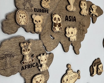 Wooden Kids World Map Nursery Decor Montessori Educational Playroom Wall Decor