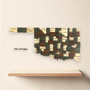 Décoration murale 3D en bois de l'Oklahoma, carte de l'Oklahoma – Décoration rustique Sooner State pour la maison, le bureau ou le chalet | Cadeau pour les autochtones de l'Oklahoma