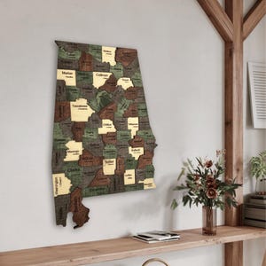 3D Holz Alabama Karte Wandkunst - Rustikales Herz von Dixie Dekor für Haus, Büro & Wohnzimmer | Geschenk für Alabama-Liebhaber