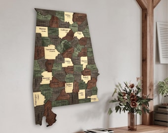 3D Holz Alabama Karte Wandkunst - Rustikales Herz von Dixie Dekor für Haus, Büro & Wohnzimmer | Geschenk für Alabama-Liebhaber