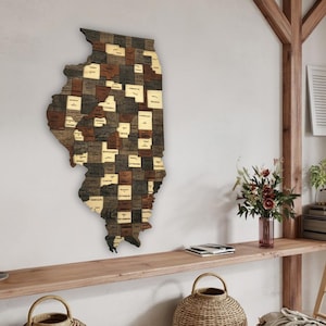 Mapa de Illinois en madera 3D para pared: decoración rústica de la Tierra de Lincoln para el hogar, la oficina o la entrada. Regalo para los nativos de Illinois.