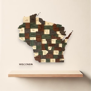 Mappa del Wisconsin in legno 3D da parete – Decorazione rustica dello Stato del Tasso per casa, ufficio o casa sul lago / Regalo per i nativi del Wisconsin