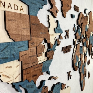 Mapa del mundo de madera artesanal para pared – Decoración rústica para oficina y hogar – Regalo con temática de viajes