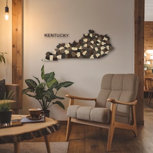 Arte mural con mapa de Kentucky en madera en 3D: decoración rústica del estado de Bluegrass para el hogar, la oficina o la entrada. Regalo para los nativos de Kentucky.