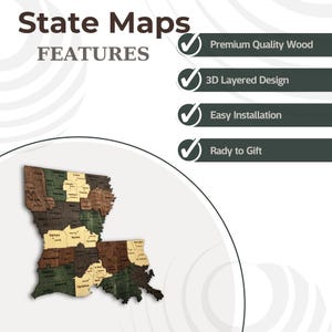 May include: A wooden state map of Louisiana, featuring a 3D layered design. The map is made of premium quality wood and is ready to gift. The map includes the text "State Maps FEATURES" and the features: "Premium Quality Wood", "3D Layered Design", "Easy Installation", and "Rady to Gift".