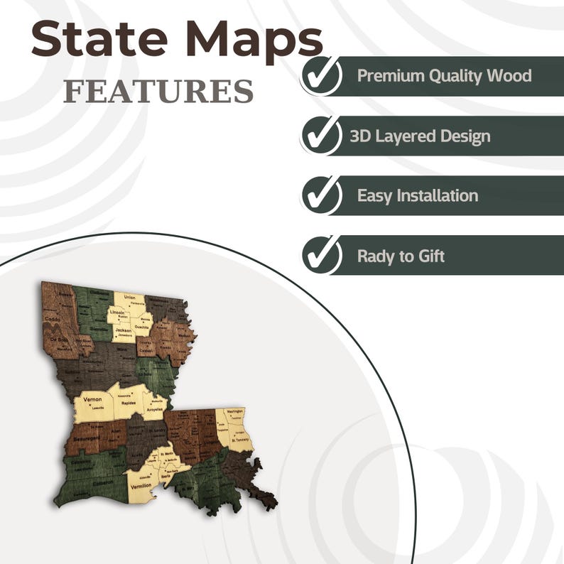 May include: A wooden state map of Louisiana, featuring a 3D layered design. The map is made of premium quality wood and is ready to gift. The map includes the text "State Maps FEATURES" and the features: "Premium Quality Wood", "3D Layered Design", "Easy Installation", and "Rady to Gift".