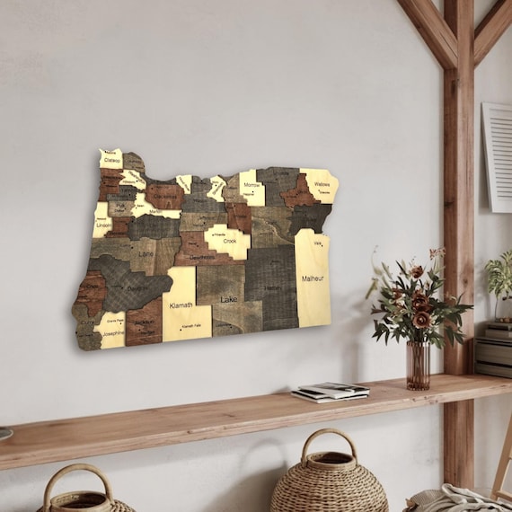 3D Wooden Oregon Map Wall Art – Rustic Home Decor (38.4 × 19.3 inches)
