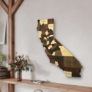 Mappa della California in legno 3D da parete – Decorazione rustica dello Stato d'Oro per casa, ufficio o soggiorno / Regalo per i californiani