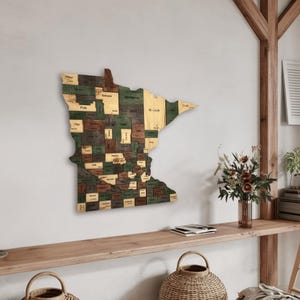 Mappa del Minnesota in legno 3D da parete – Decorazione rustica dello Stato della Stella Polare per casa, ufficio o casa sul lago / Regalo per i nativi del Minnesota