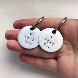 Personalised Metal Stamped Aluminium Couples keyrings | Best friends | Boyfriend + Girlfriend | I love you | Wedding Favours / gifts