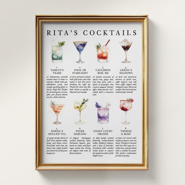 ACOTAR Cocktails Art Print, Rita's Cocktails Digital Download, Tamlin's Tears Pool of Starlight, Rhysand Feyre Gift, Bookish Kitchen Decor