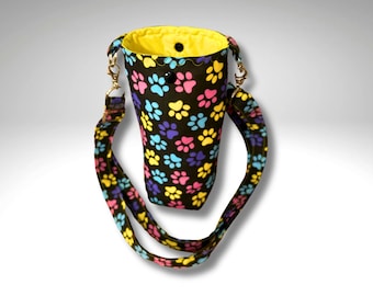 Bottle bag, travel bottle bag, water bottle bag, hiking bag, dog walking bag, across body bag, Paw Prints